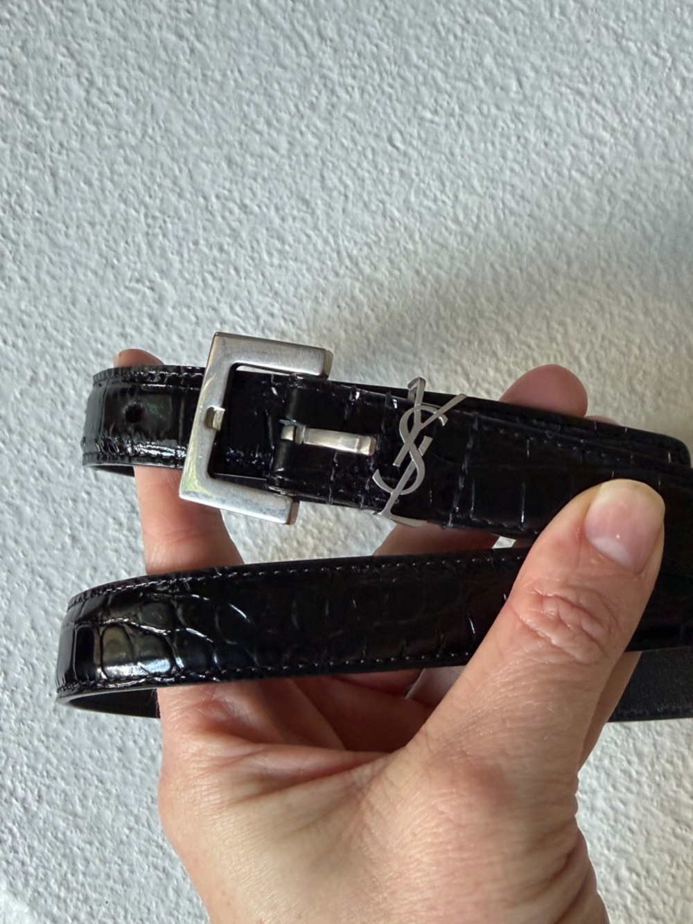Sold Out! Saint Laurent Cassandre Black Croc-Embossed Leather Belt w silver YSL